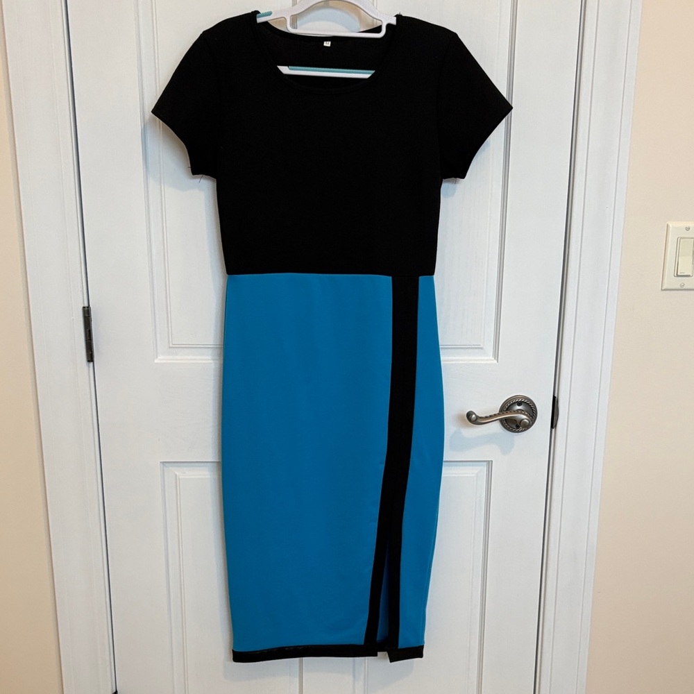 Elegant Black and Blue Colorblock Dress